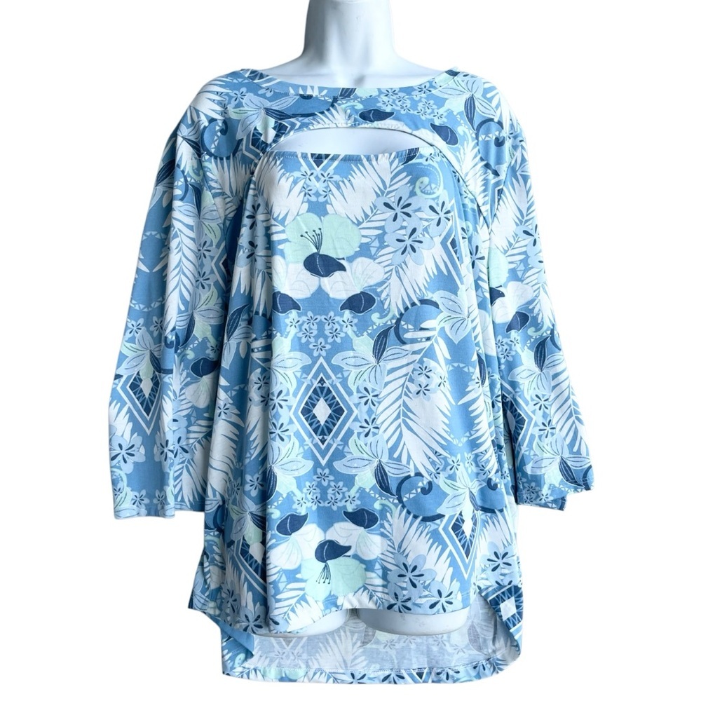 PALM GROVE Top Plus 2X Blue Floral Long Sleeve Scoop Neck Blouse